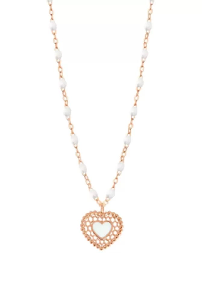Gigi Clozeau Collier Coeur Dentelle Or Rose Et Résines Blanc 42cm New
