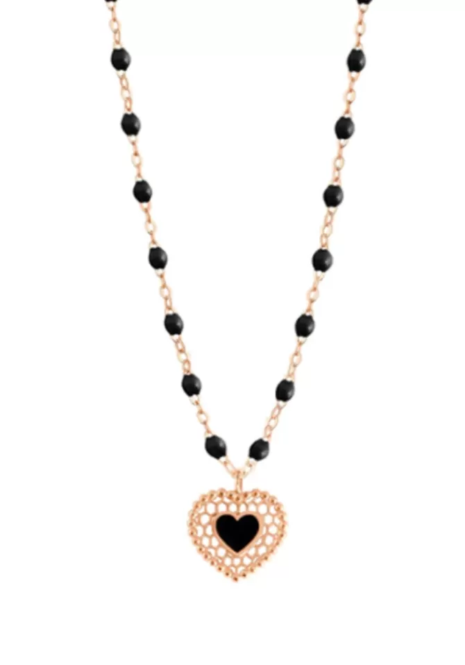 Gigi Clozeau Collier Coeur Dentelle Or Rose Et Résines Noires 42cm Outlet