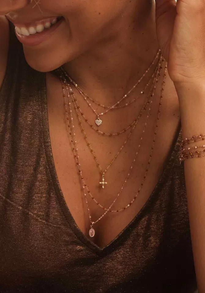 Gigi Clozeau Collier Coeur In Love Or Rose Diamants Et Résines Blush 42cm New