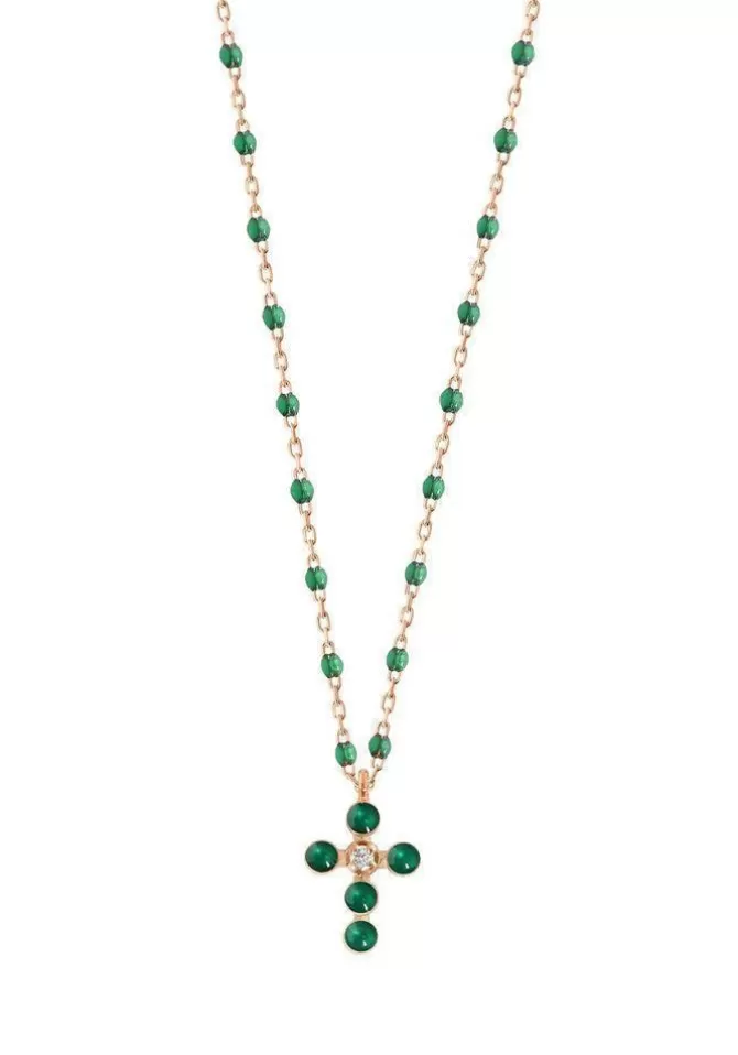 Gigi Clozeau Collier Mini Gigi Croix Perlée Or Rose Diamant Et Résine Emeraude 42cm Clearance