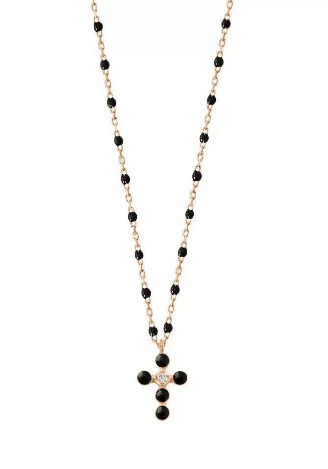 Gigi Clozeau Collier Mini Gigi Croix Perlée Or Rose Diamant Et Résine Noir 42cm Shop