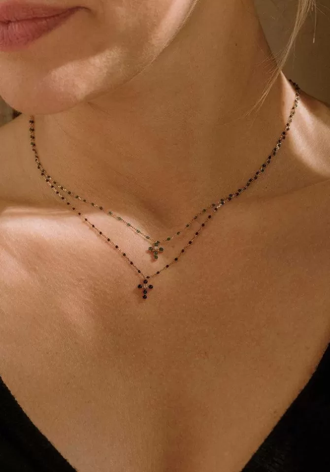 Gigi Clozeau Collier Mini Gigi Croix Perlée Or Rose Diamant Et Résine Noir 42cm Shop