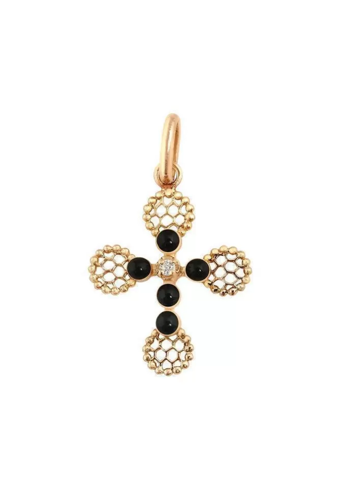 Gigi Clozeau Pendentif Croix Dentelle Perlée Or Rose Diamant Et Résine Noir Best