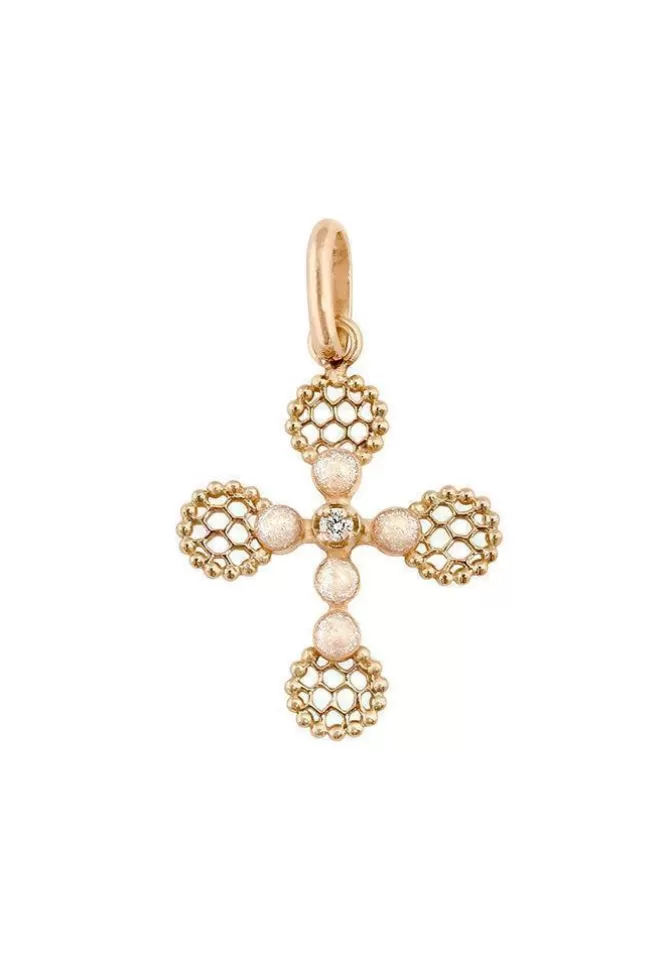 Gigi Clozeau Pendentif Croix Dentelle Perlée Or Rose Diamant Et Résine Opale Flash Sale
